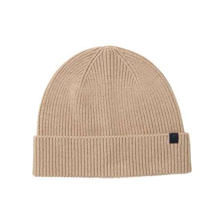 Bonnet beige uni en maille tricotée avec un logo en relief brodé