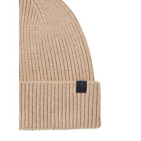 Bonnet beige uni en maille tricotée avec un logo en relief brodé - Image 2