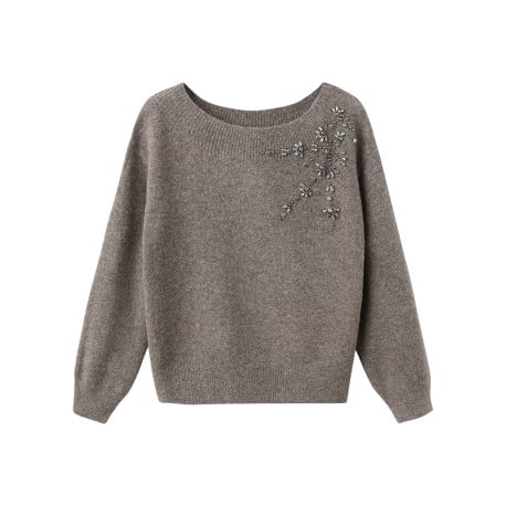 Pull taupe effet moucheté pourvu d'un col bateau et de manches longues