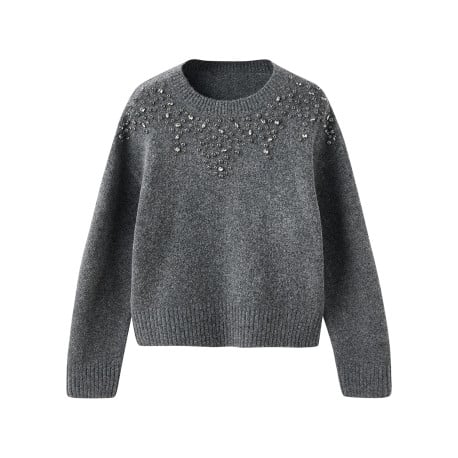 Pull anthracite uni pourvu d'un col rond et de manches longues