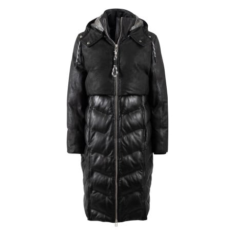 Doudoune en cuir de mouton noire unie matelassée avec un col à capuche