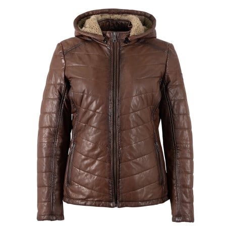 Doudoune en cuir de mouton marron unie matelassée avec un col à capuche