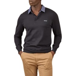Pull en coton biologique marine uni avec une coupe droite et un col chemise 