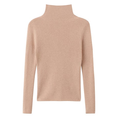 Pull beige en maille tricotée pourvu d'un col montant et de manches longues