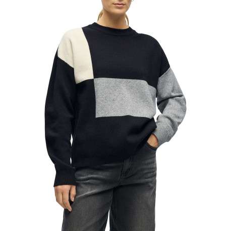 Pull noir et gris en maille fine avec une coupe droite et un col rond - Image 3
