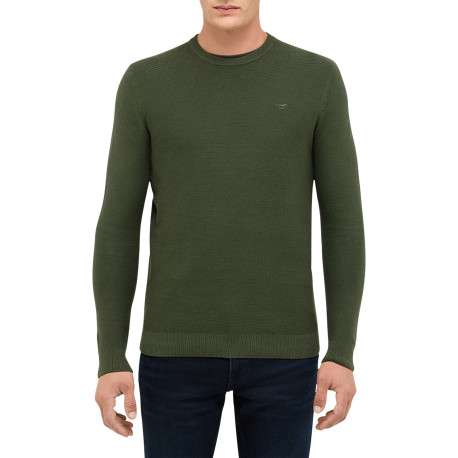 Pull en coton kaki uni avec une coupe droite et un col rond - Image 4
