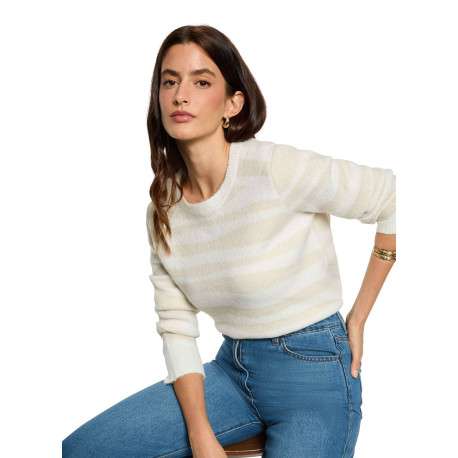 Pull écru orné d'un motif zébré et pourvu d'un col rond côtelé - Image 2