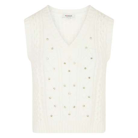 Pull écru sans manches en maille tricotée incrusté de strass