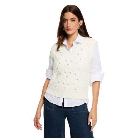 Pull écru sans manches en maille tricotée incrusté de strass - Image 2