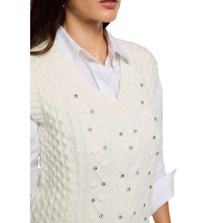 Pull écru sans manches en maille tricotée incrusté de strass - Image 4