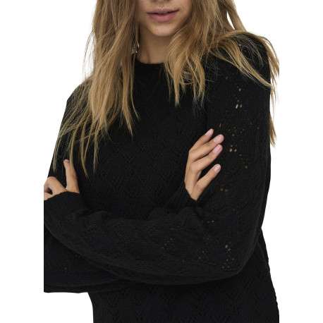 Pull noir en maille ajourée avec une coupe droite et un col rond - Image 6