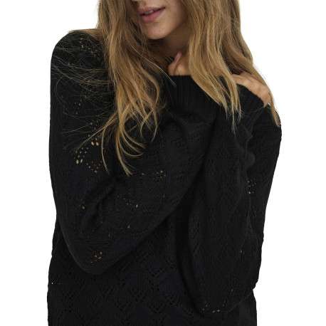 Pull noir en maille ajourée avec une coupe droite et un col rond - Image 7
