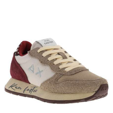 Baskets beiges en cuir à talon plat avec des lacets et logo brodé bleu clair - Image 3
