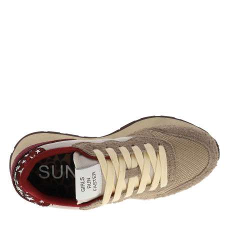 Baskets beiges en cuir à talon plat avec des lacets et logo brodé bleu clair - Image 4