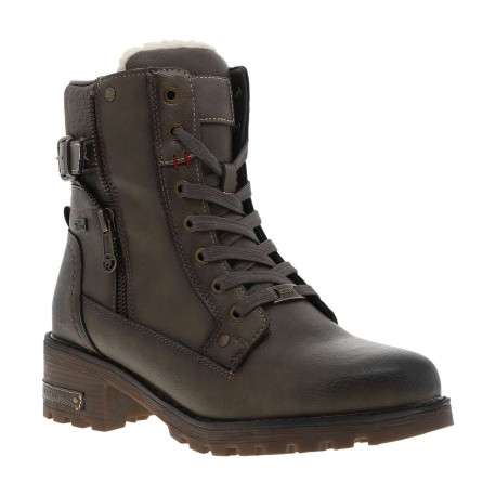 Bottines taupe à talon décroché bas avec des lacets plats et un zip - Image 3