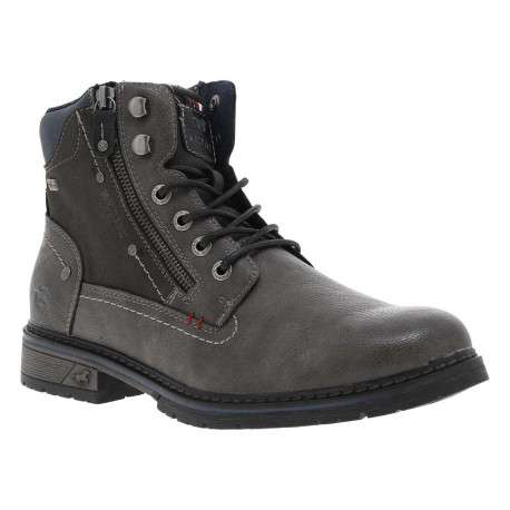 Bottines grises à talon décroché bas avec un logo embossé au talon - Image 3