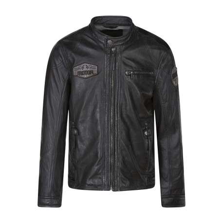 Blouson en cuir de mouton anthracite uni avec une coupe ajustée et un col rond