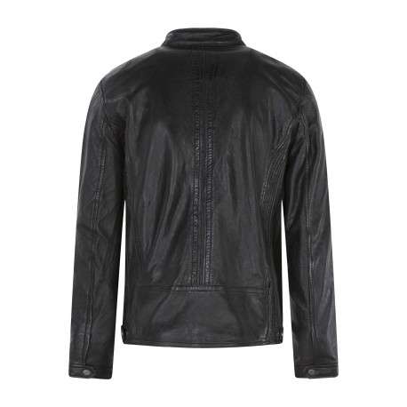 Blouson en cuir de mouton anthracite uni avec une coupe ajustée et un col rond - Image 2