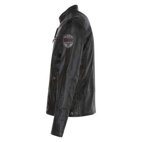 Blouson en cuir de mouton anthracite uni avec une coupe ajustée et un col rond - Image 3