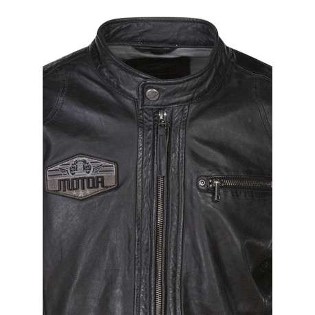 Blouson en cuir de mouton anthracite uni avec une coupe ajustée et un col rond - Image 4