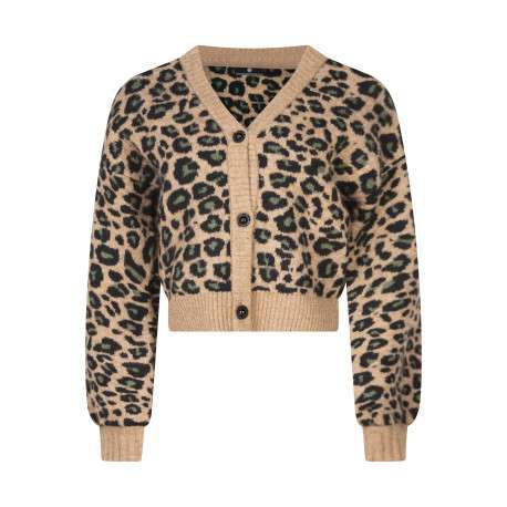 Cardigan camel léopard avec une coupe ajustée à col v et des manches longues