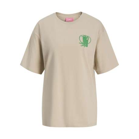 T-shirt en coton beige imprimé au dos à coupe oversize et col rond