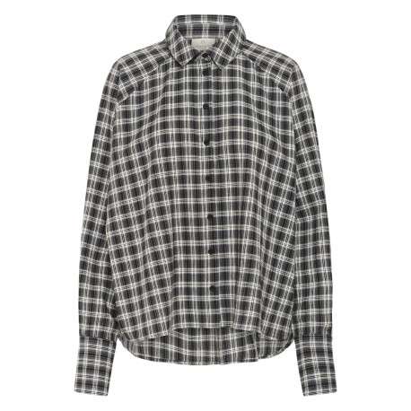Chemisier en coton noir et gris à carreaux avec une coupe ample