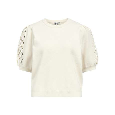 Pull beige uni à coupe droite avec un col rond et des manches courtes