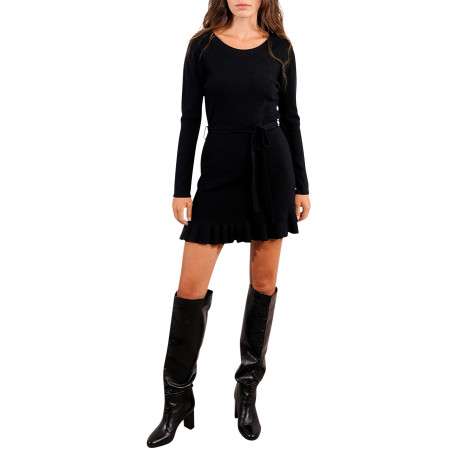 Robe courte noire unie avec une coupe évasée et un col rond - Image 3