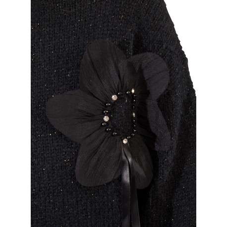 Pull noir avec des grosses fleurs à coupe droite et à col rond - Image 3