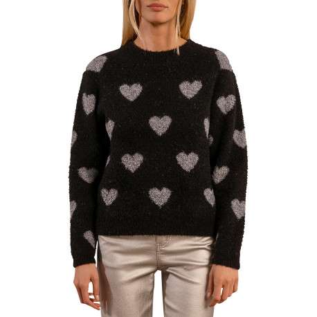 Pull noir avec imprimé coeurs gris à coupe droite et à col rond