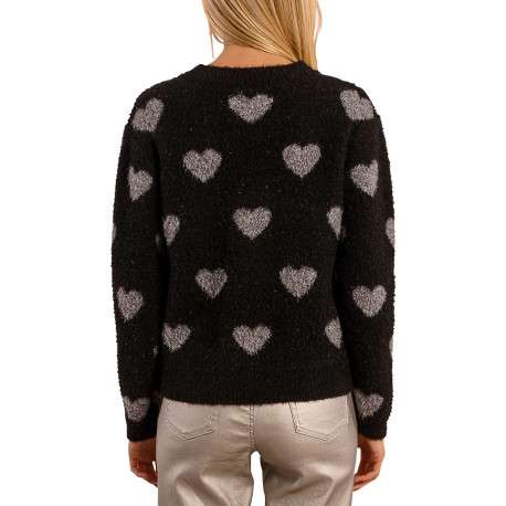 Pull noir avec imprimé coeurs gris à coupe droite et à col rond - Image 2