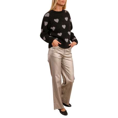 Pull noir avec imprimé coeurs gris à coupe droite et à col rond - Image 3