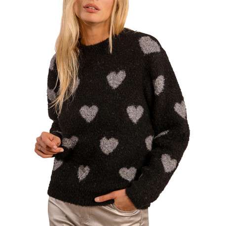 Pull noir avec imprimé coeurs gris à coupe droite et à col rond - Image 4