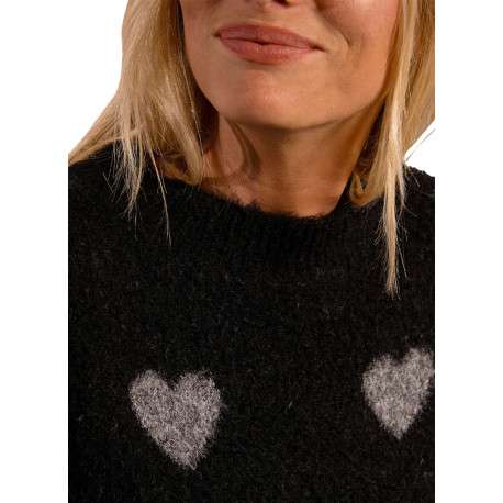 Pull noir avec imprimé coeurs gris à coupe droite et à col rond - Image 5