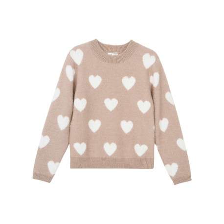Pull beige à motifs coeurs avec une coupe droite et un col rond
