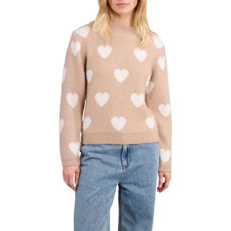Pull beige à motifs coeurs avec une coupe droite et un col rond - Image 2