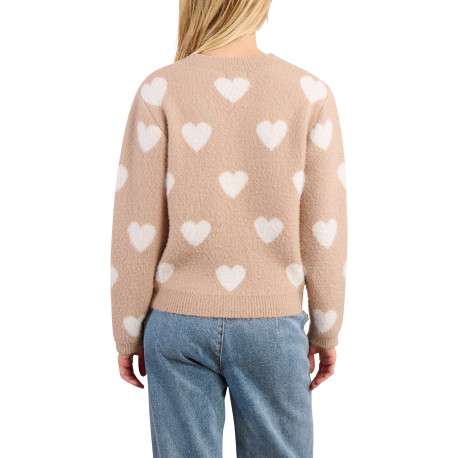 Pull beige à motifs coeurs avec une coupe droite et un col rond - Image 3