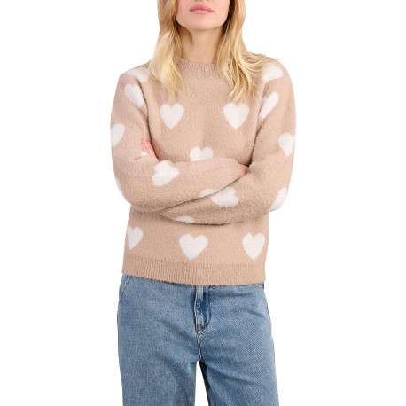 Pull beige à motifs coeurs avec une coupe droite et un col rond - Image 4