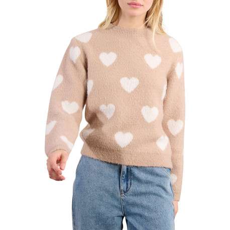 Pull beige à motifs coeurs avec une coupe droite et un col rond - Image 5