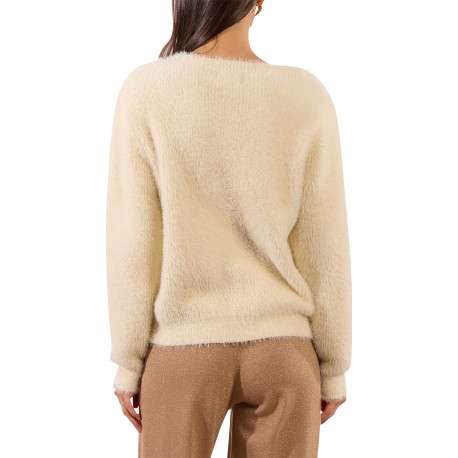Pull écru uni à coupe droite avec un col rond et un coeur brodé - Image 2