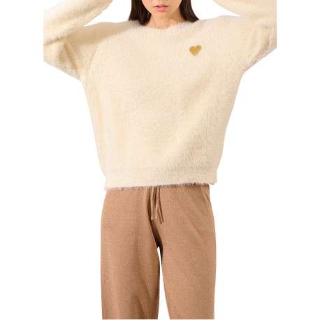 Pull écru uni à coupe droite avec un col rond et un coeur brodé - Image 4