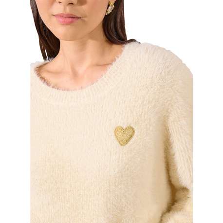 Pull écru uni à coupe droite avec un col rond et un coeur brodé - Image 5