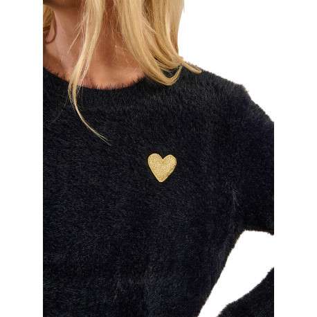 Pull noir avec coeur doré brodé avec une coupe droite et un col rond - Image 5