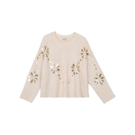 Pull écru avec des fleurs et sequins dorés à coupe droite et à col rond
