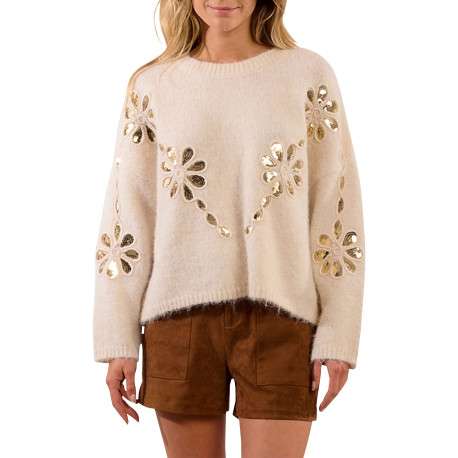 Pull écru avec des fleurs et sequins dorés à coupe droite et à col rond - Image 2