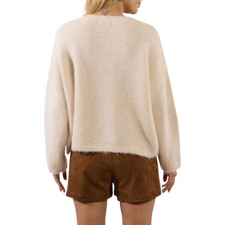 Pull écru avec des fleurs et sequins dorés à coupe droite et à col rond - Image 3