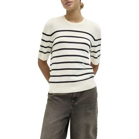 Pull beige orné d'un motif à rayures noires et pourvu d'un col rond - Image 2