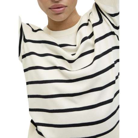 Pull beige orné d'un motif à rayures noires et pourvu d'un col rond - Image 4