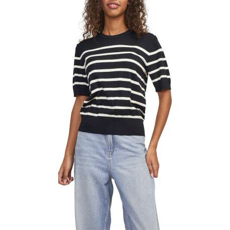 Pull noir orné d'un motif à rayures blanches et pourvu d'un col rond - Image 2